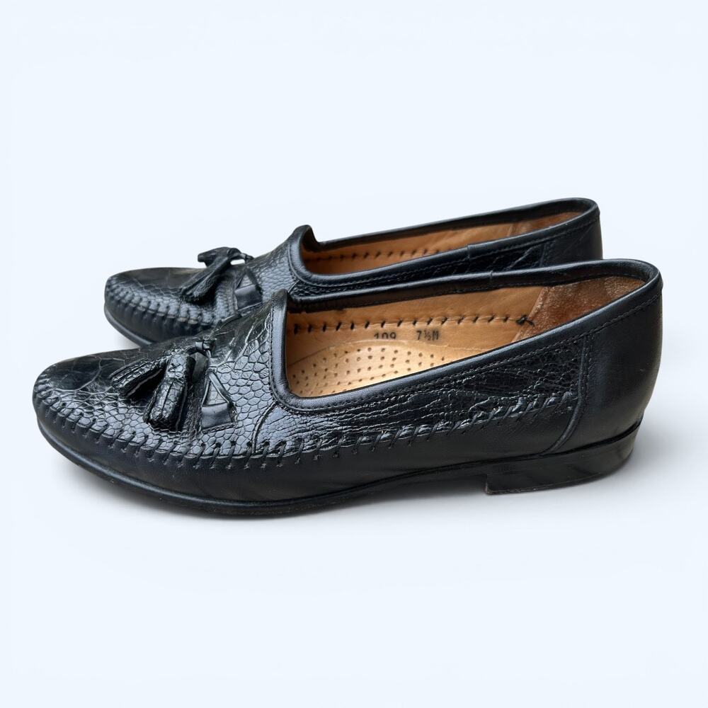 Zelli Ostrich Nappa Tassel Loafers Black Leather Mens Dress Shoes Size 7.5 Italy